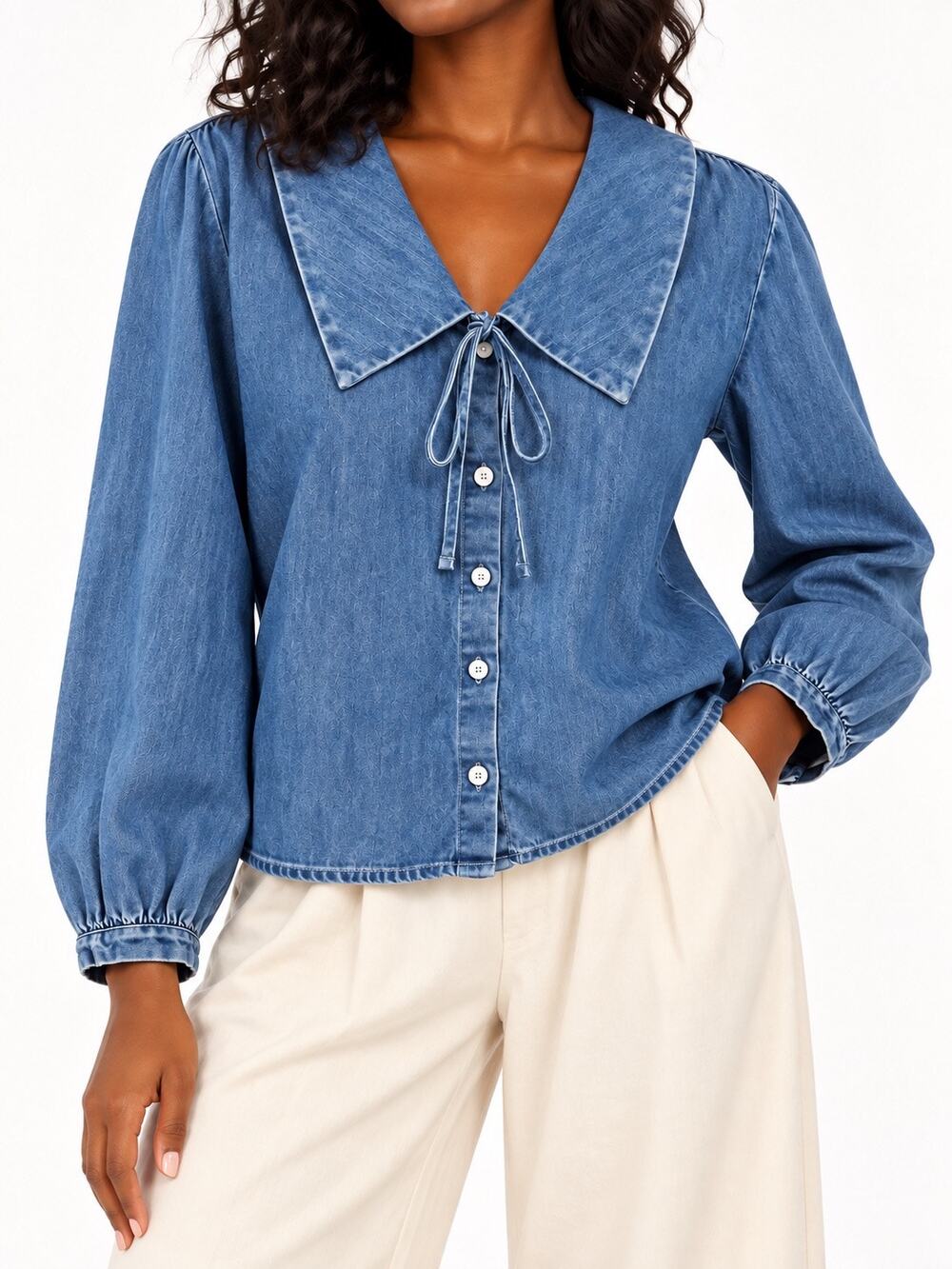 OLD NAVY NWT Chambray Sailor Collar Tie Front Blouse Large 100% Cotton Coastal